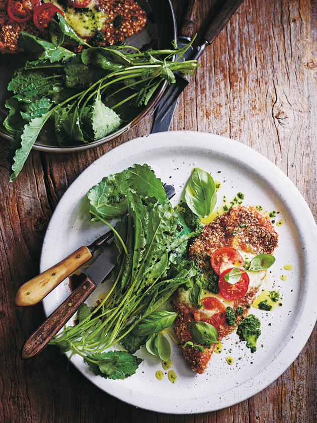 What’s For a Dinner Tonight? Quinoa Chicken Parmigiana with Kale Pesto & Tar & Roses Pinot Grigio