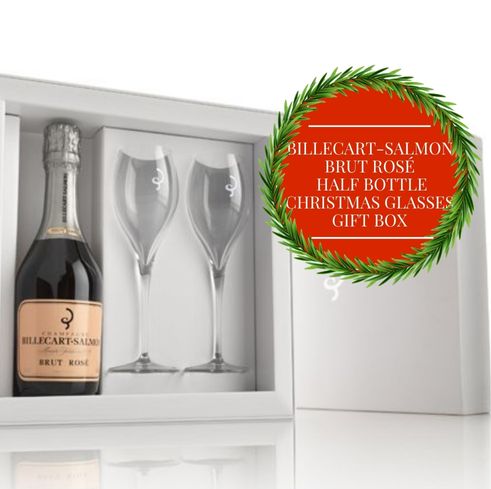 Billecart Salmon Brut Rose Half Bottle - Champagne, France + 2 Crystal Glasses - Christmas Gift Box & Wrapped