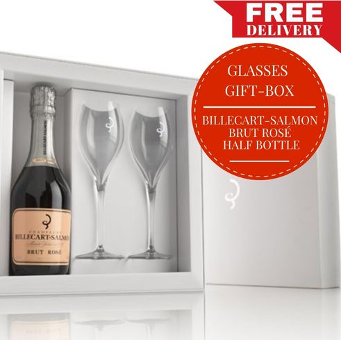 Billecart Salmon Brut Rose Half Bottle - Champagne, France + 2 Crystal Glasses - Gift Box & Wrapped