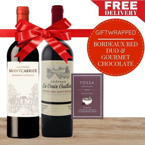 Bordeaux Red Duo & Gourmet Chocolates Gift-Wrapped
