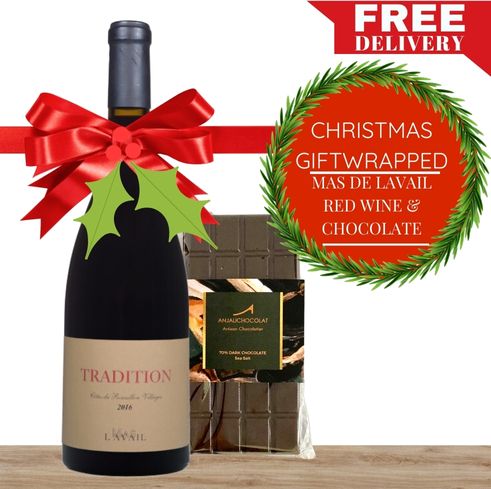 Mas de Lavail Tradition (Organic) 2021 - Côtes du Roussillon Villages, France & Gourmet Chocolate Christmas Gift-Wrapped
