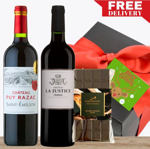 Two Premium French Red Wine & Gourmet Chocolate Christmas Gift-Wrapped