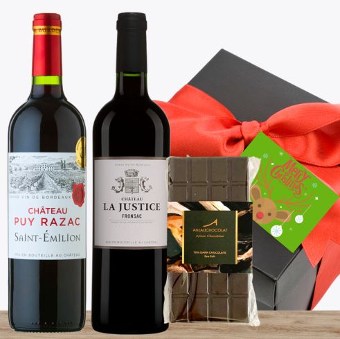 Two Premium French Red Wine & Gourmet Chocolate Christmas Gift-Wrapped