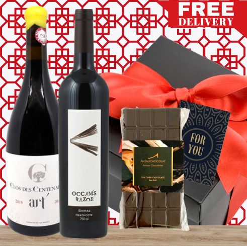 Lucky Cheers – Premium Red Wine Duo & Gourmet Chocolate Gift