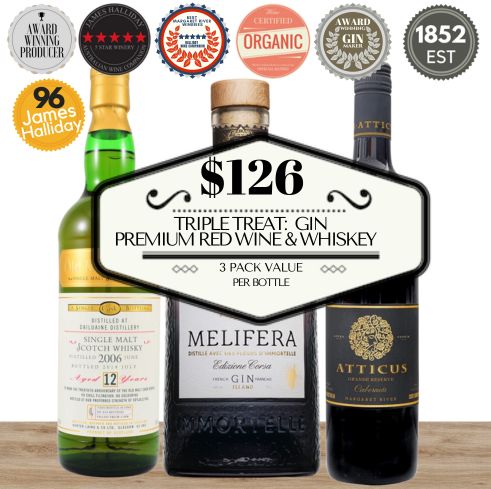 Triple Treat: Gin, Premium Red Wine & Whiskey 3 - Pack Value