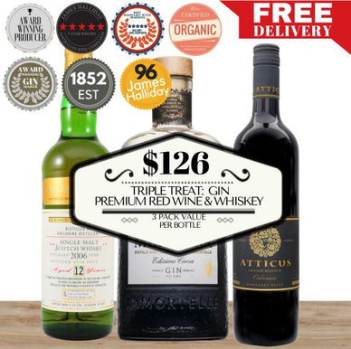 Triple Treat: Gin, Premium Red Wine & Whiskey 3 - Pack Value