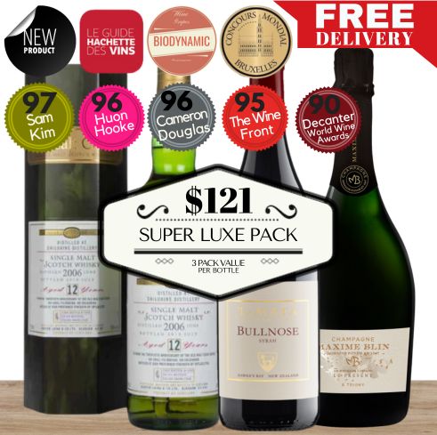 Super Luxe Pack - Premium Champagne, Scottish Whisky & New Zealand Red Wine - 3 Pack Value