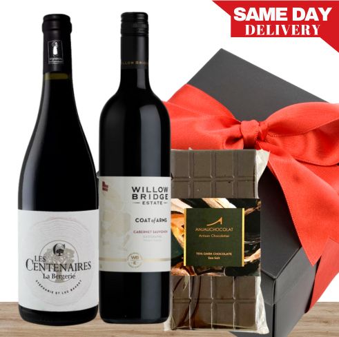 Two Red Wine & Gourmet Chocolate Gift Box & Wrapped